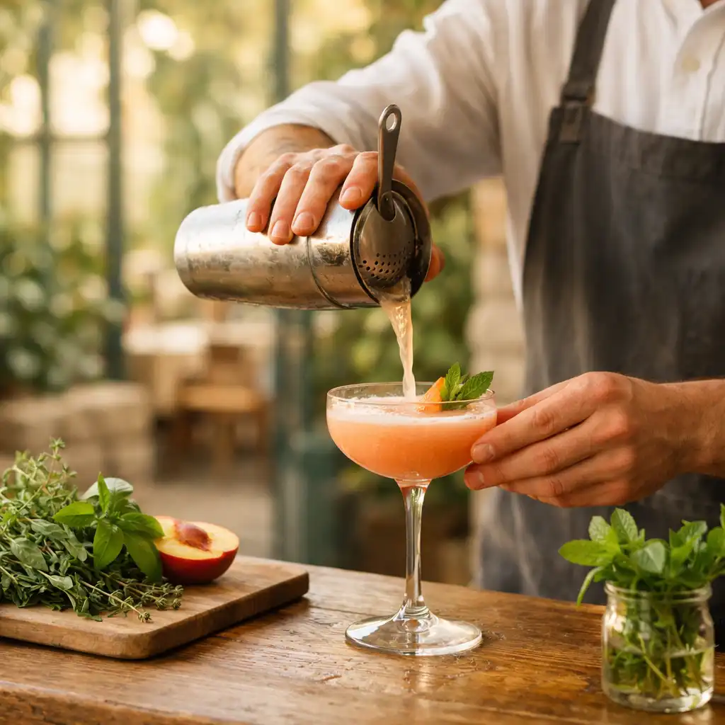 Préparation d’un cocktail au comptoir, entre herbes fraîches et lumière d’orangerie