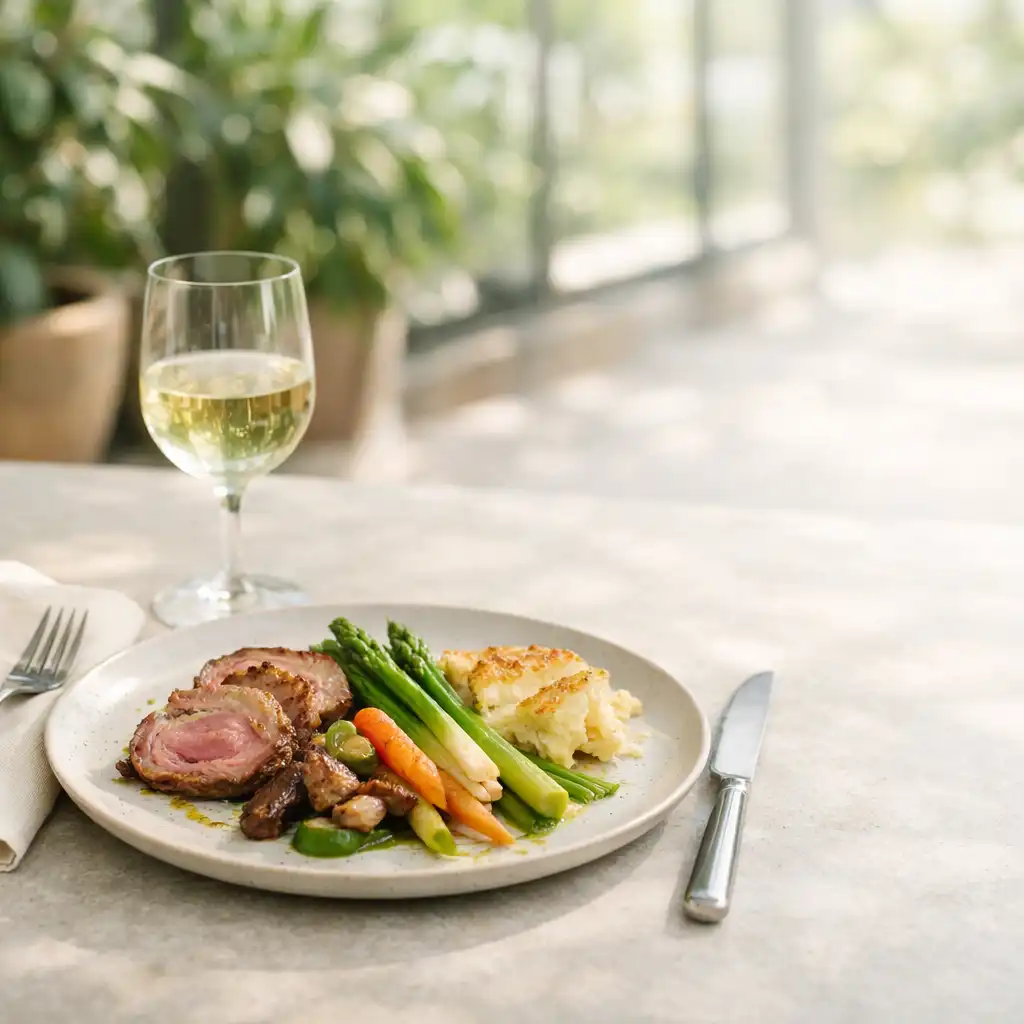 Assiette de saison dressée sur une table lumineuse dans une orangerie