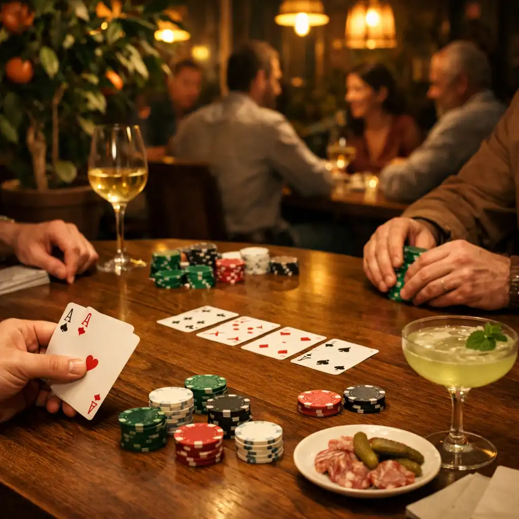 Mains autour d’une vraie table de poker avec cartes, jetons et verres au restaurant