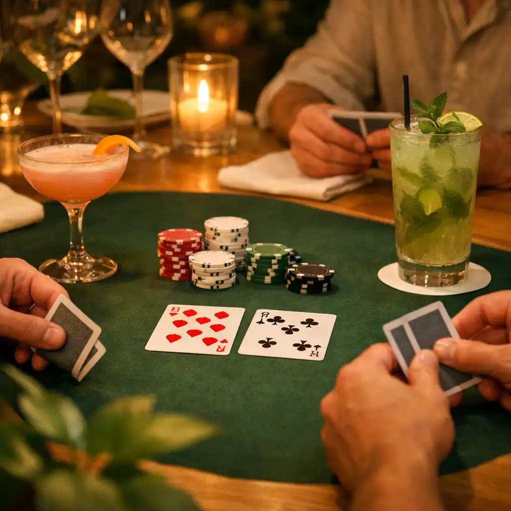 Des mains tiennent des cartes près de cocktails sur une table en bois