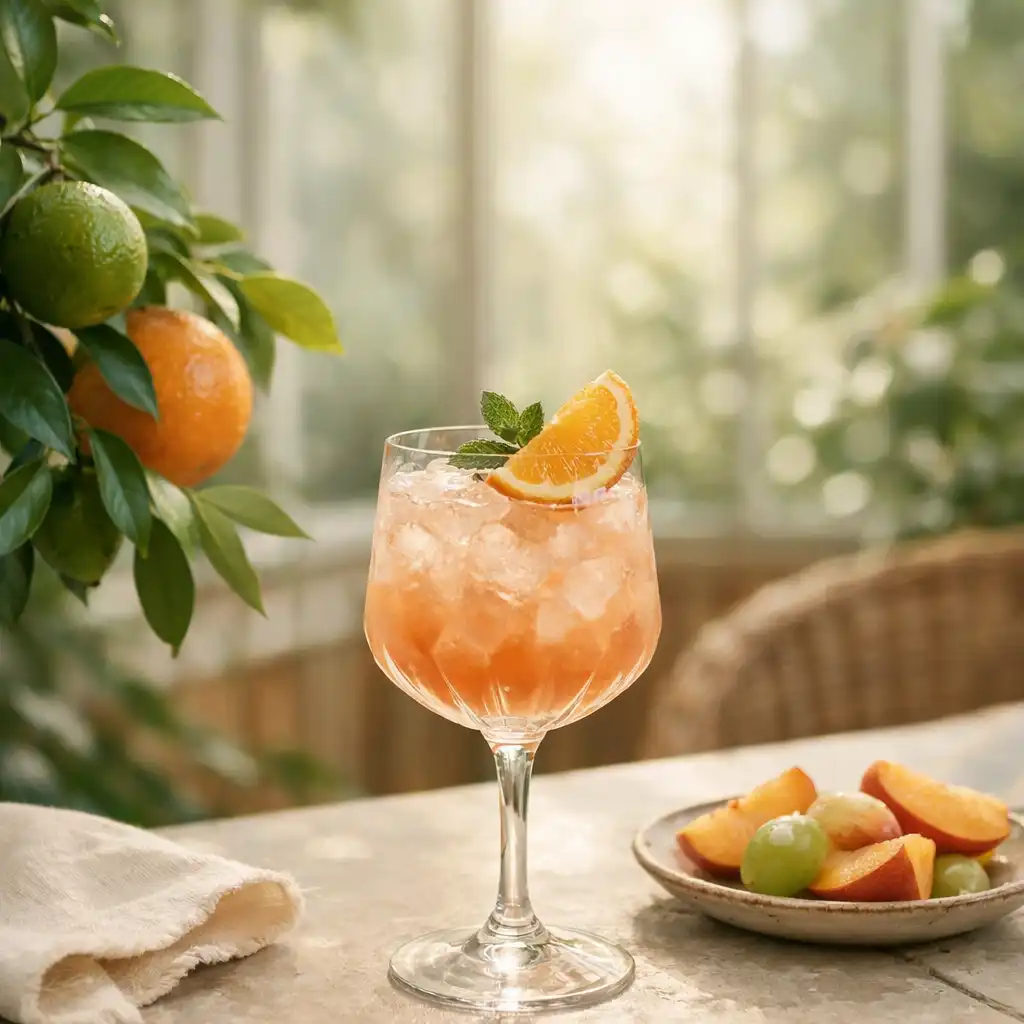 Cocktail élégant sur une table en pierre claire parmi des feuillages d'agrumes