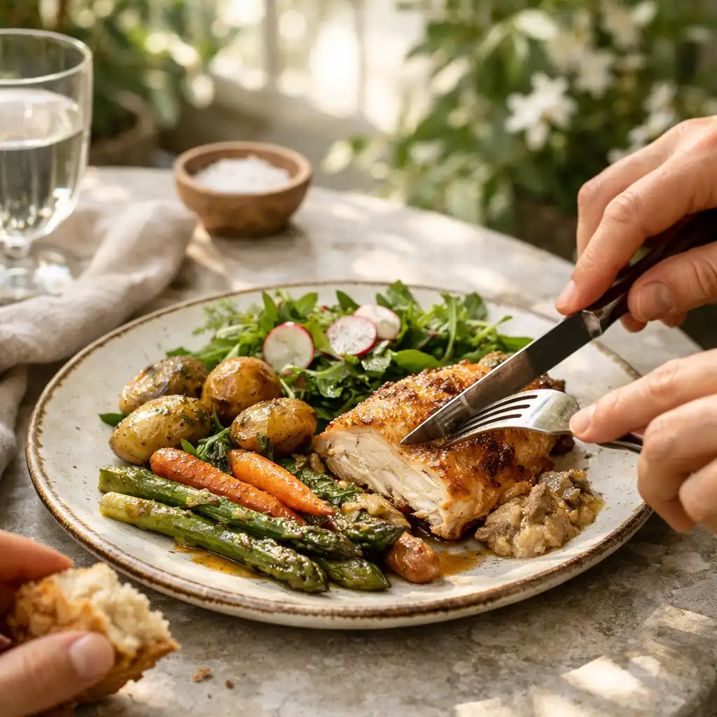Assiette de saison sur une table claire, entourée de mains de convives et de matières naturelles.