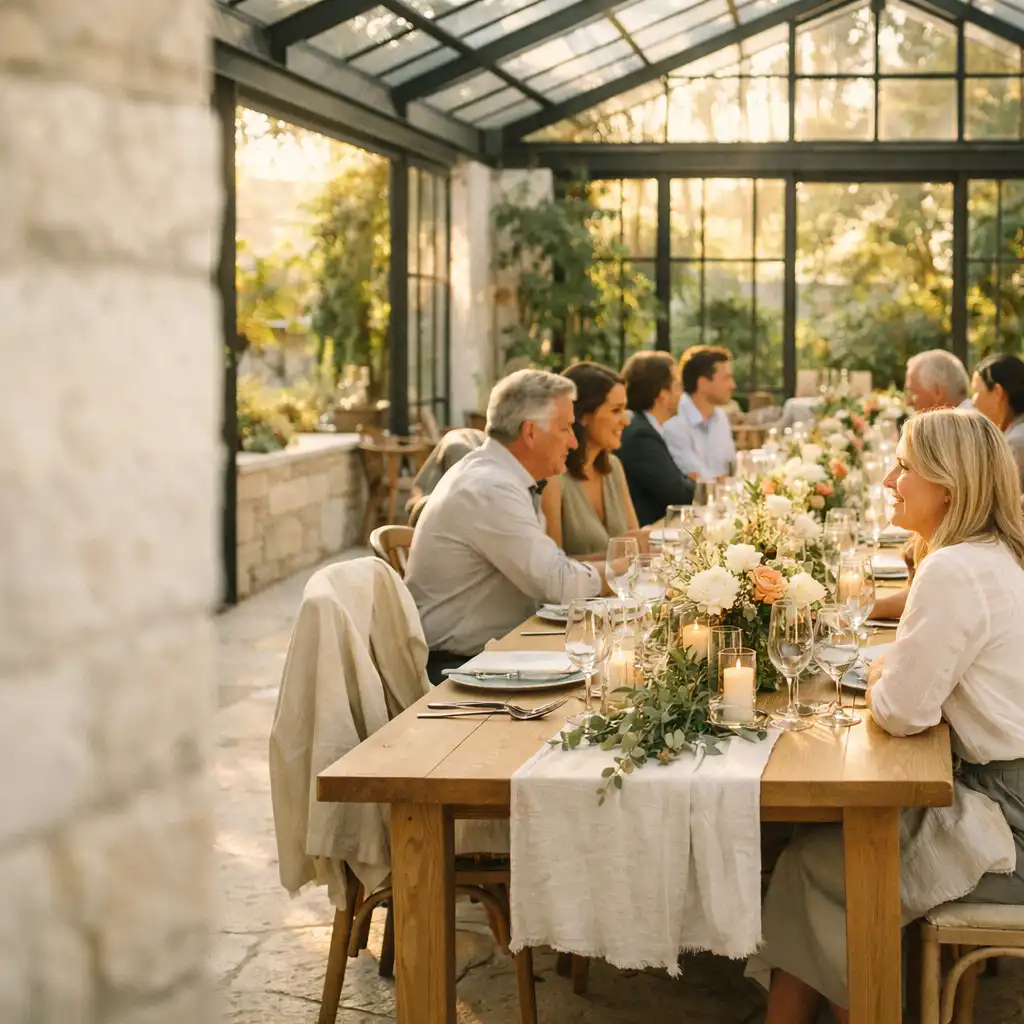 Convives adultes réunis autour d’une longue table dressée dans une orangerie lumineuse