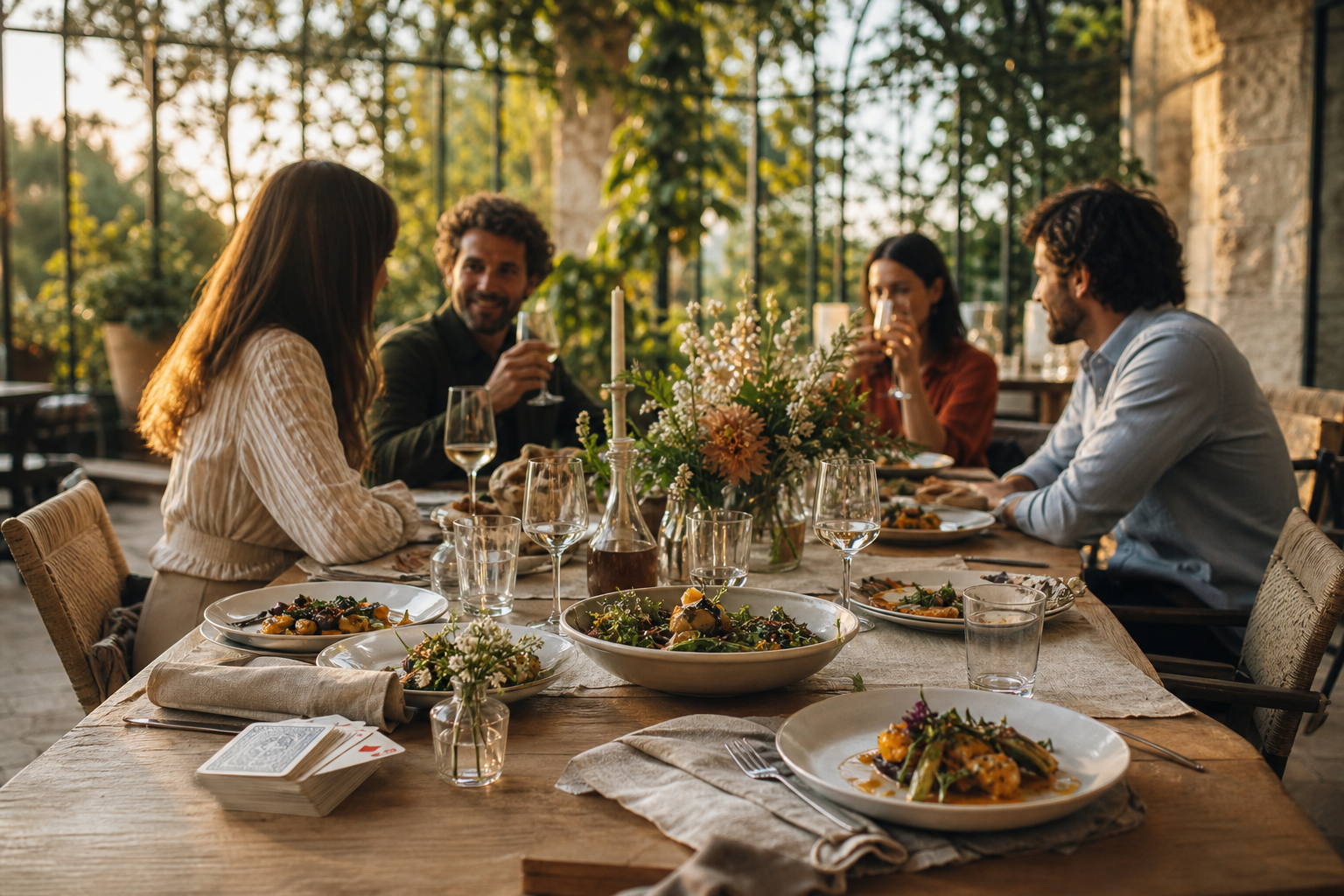 Amis partageant un repas de saison autour d'une table fleurie dans une orangerie