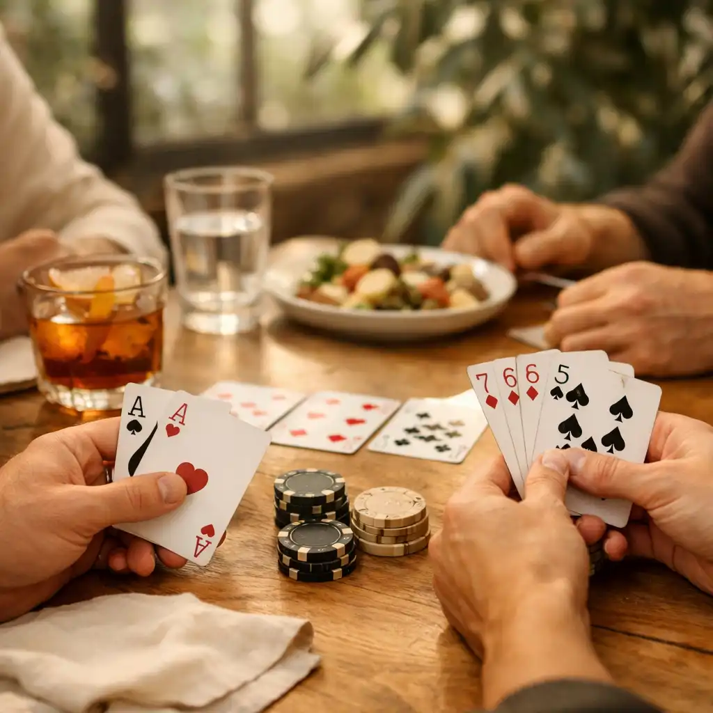 Des mains distribuent des cartes près de cocktails et d’une assiette sur une table en bois