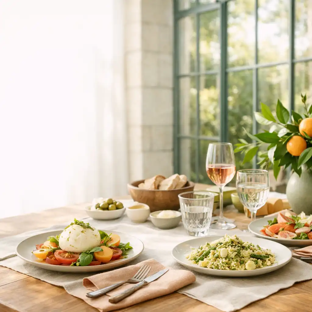 Table dressée dans une orangerie lumineuse avec assiettes, verres, lin et feuillage.
