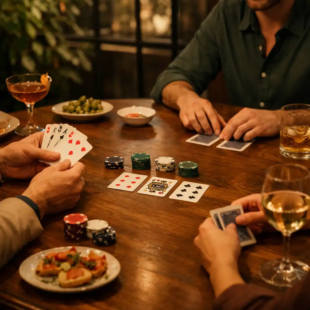 Mains réunies autour d’une vraie table de poker avec cartes, jetons, cocktails et petites assiettes.