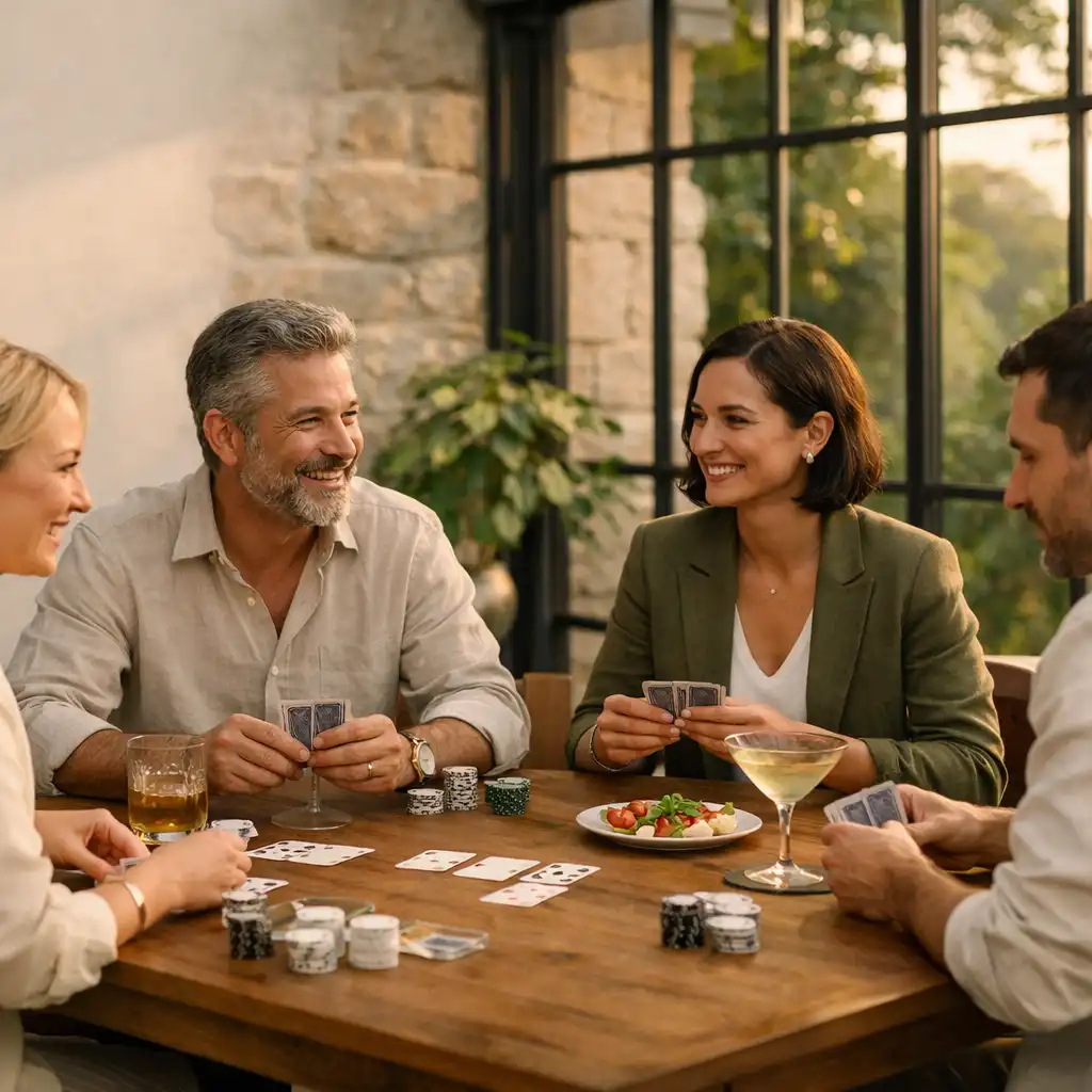 Des convives réunis autour d’une vraie table de poker dans une orangerie lumineuse