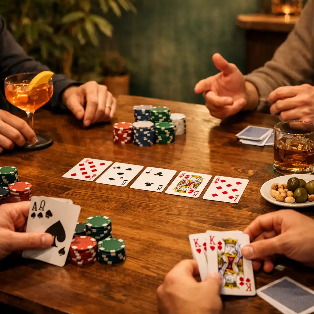 Mains réunies autour d'une vraie table de poker avec cartes, jetons et cocktail