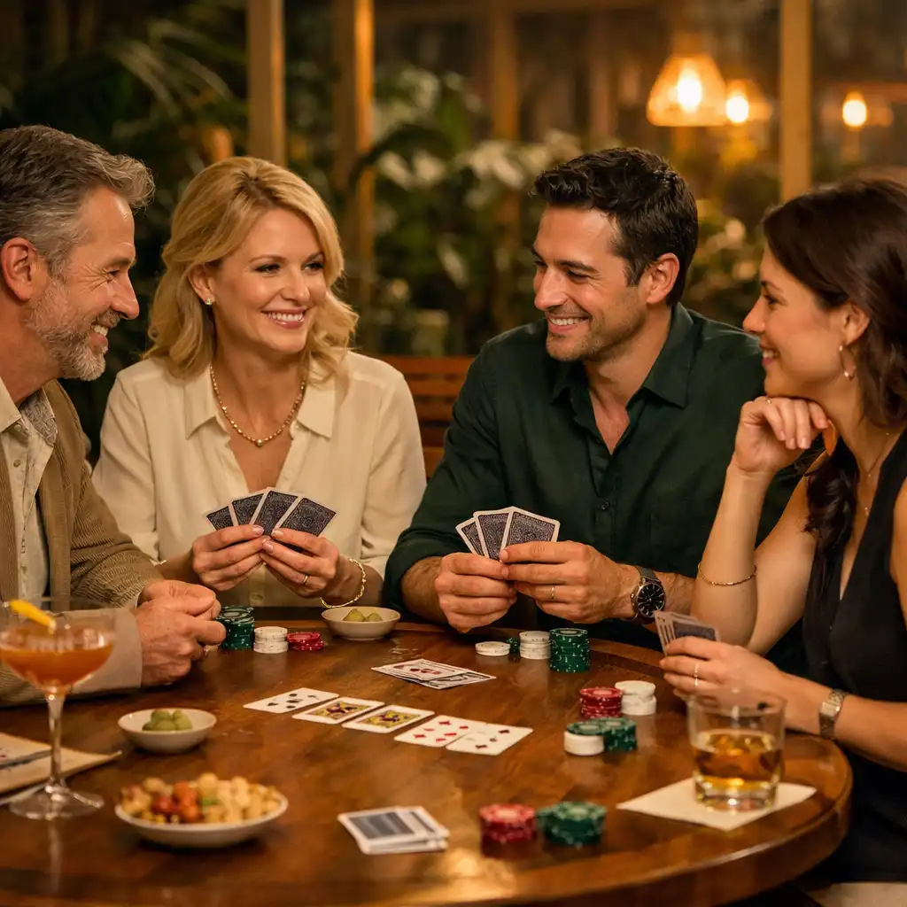 Mains, cartes, jetons et cocktails autour d’une vraie table de poker au restaurant