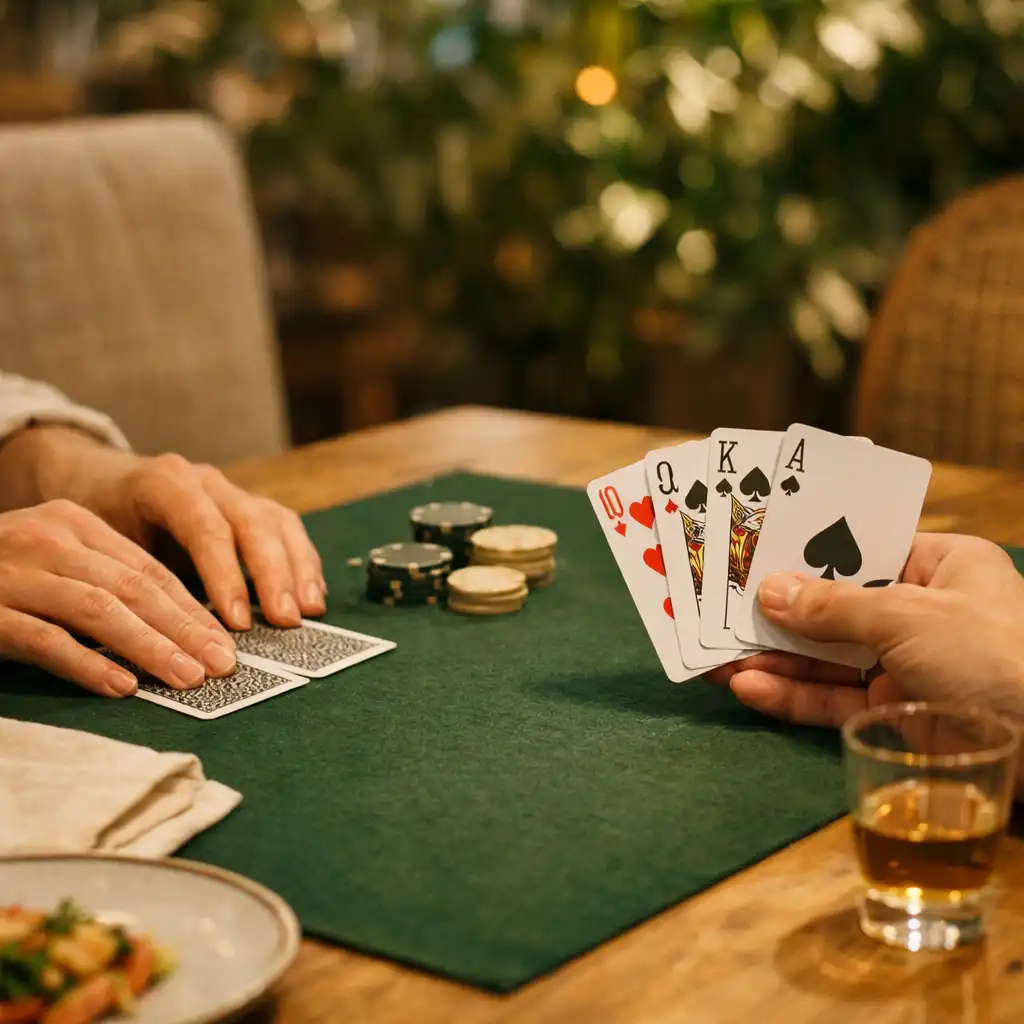 Mains tenant des cartes autour d’une table avec service du restaurant