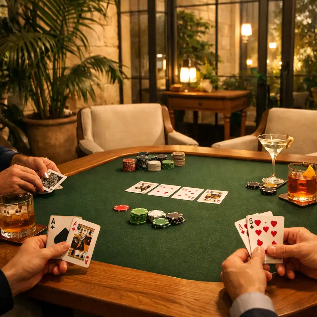 Convives autour d’une vraie table de poker dans le salon orangerie de Jardin Convive