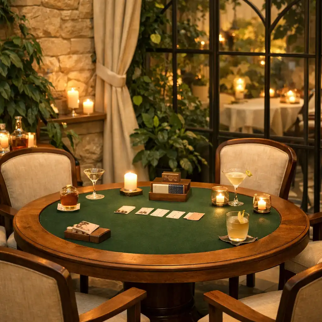 Un salon de cartes préparé avec une table ronde, des cartes, des jetons et des cocktails près d’une verrière