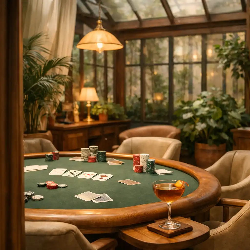 Un salon de cartes intime avec table dédiée, fauteuils et plantes