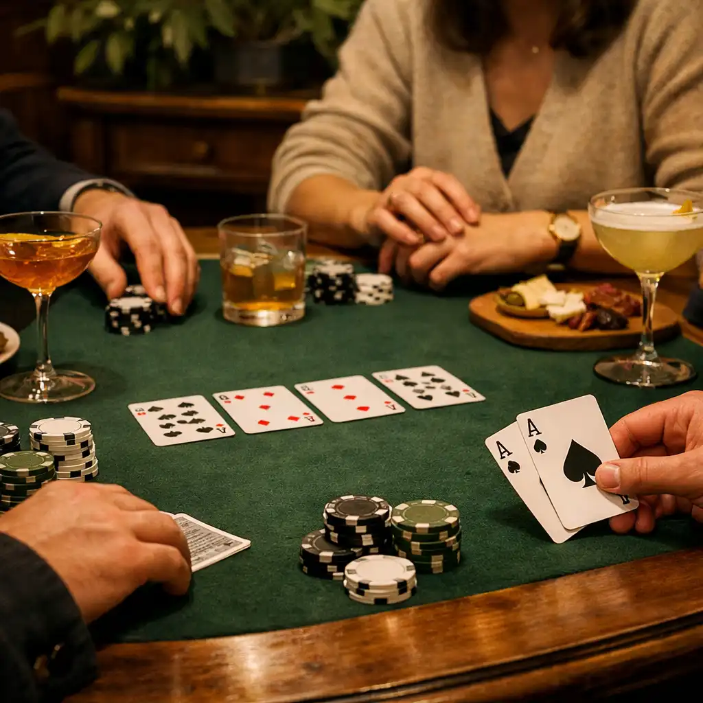 Mains d’adultes autour d’une vraie table de poker avec cartes, jetons et verres