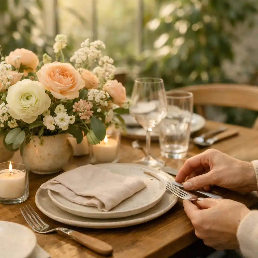 Table fleurie préparée pour un événement entre amis