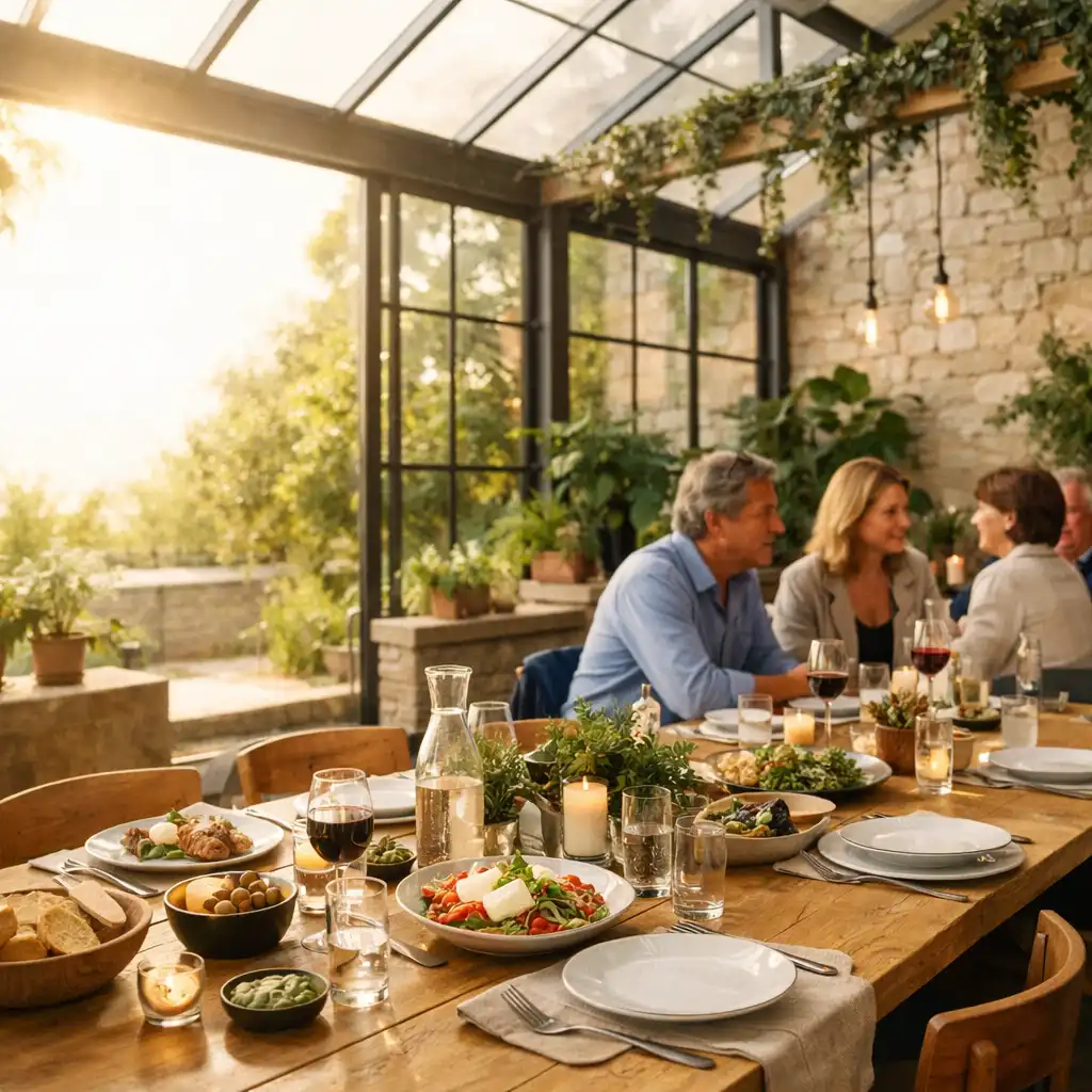 Table de restaurant partagée sous une verrière avec feuillage et vaisselle