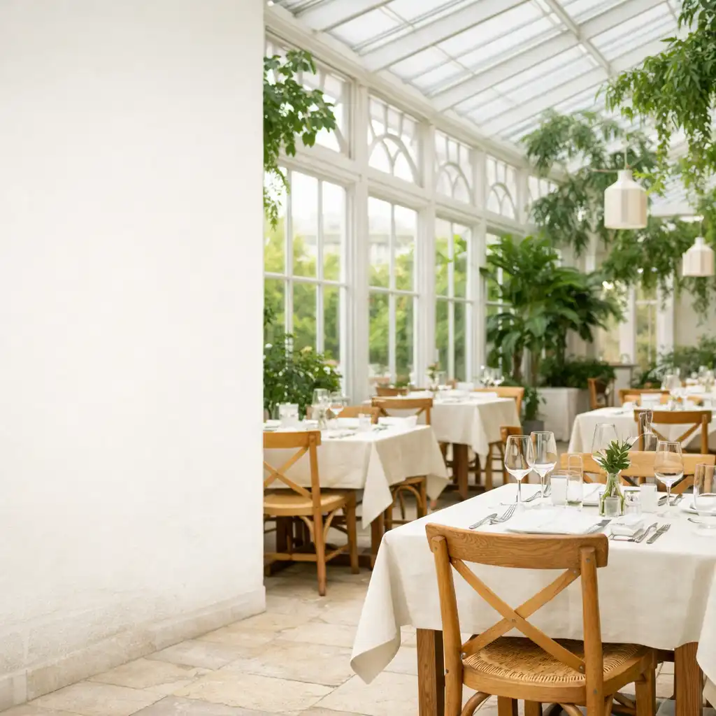 Verrière lumineuse, feuillage et table dressée dans le jardin-orangerie de Jardin Convive